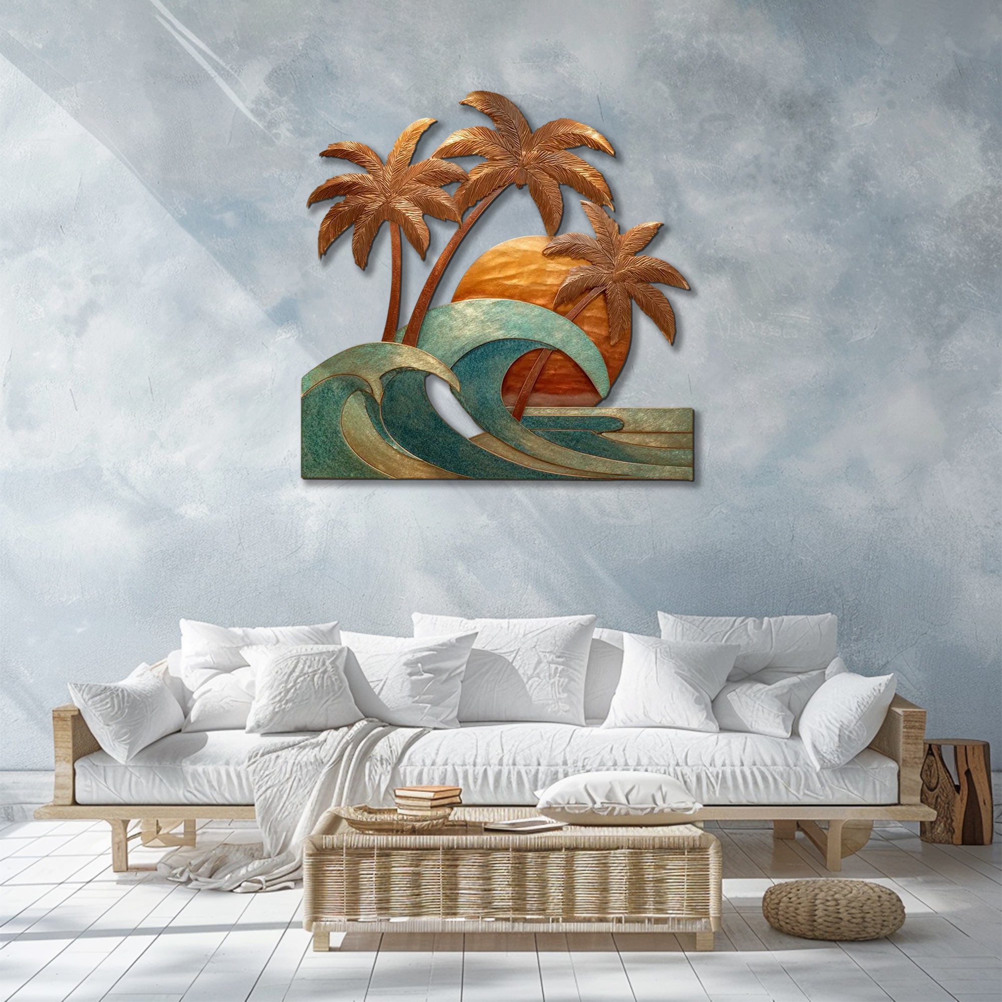 Tropical sunset wave metal wall art with palm trees and coastal ocean design mounted on textured wall 2