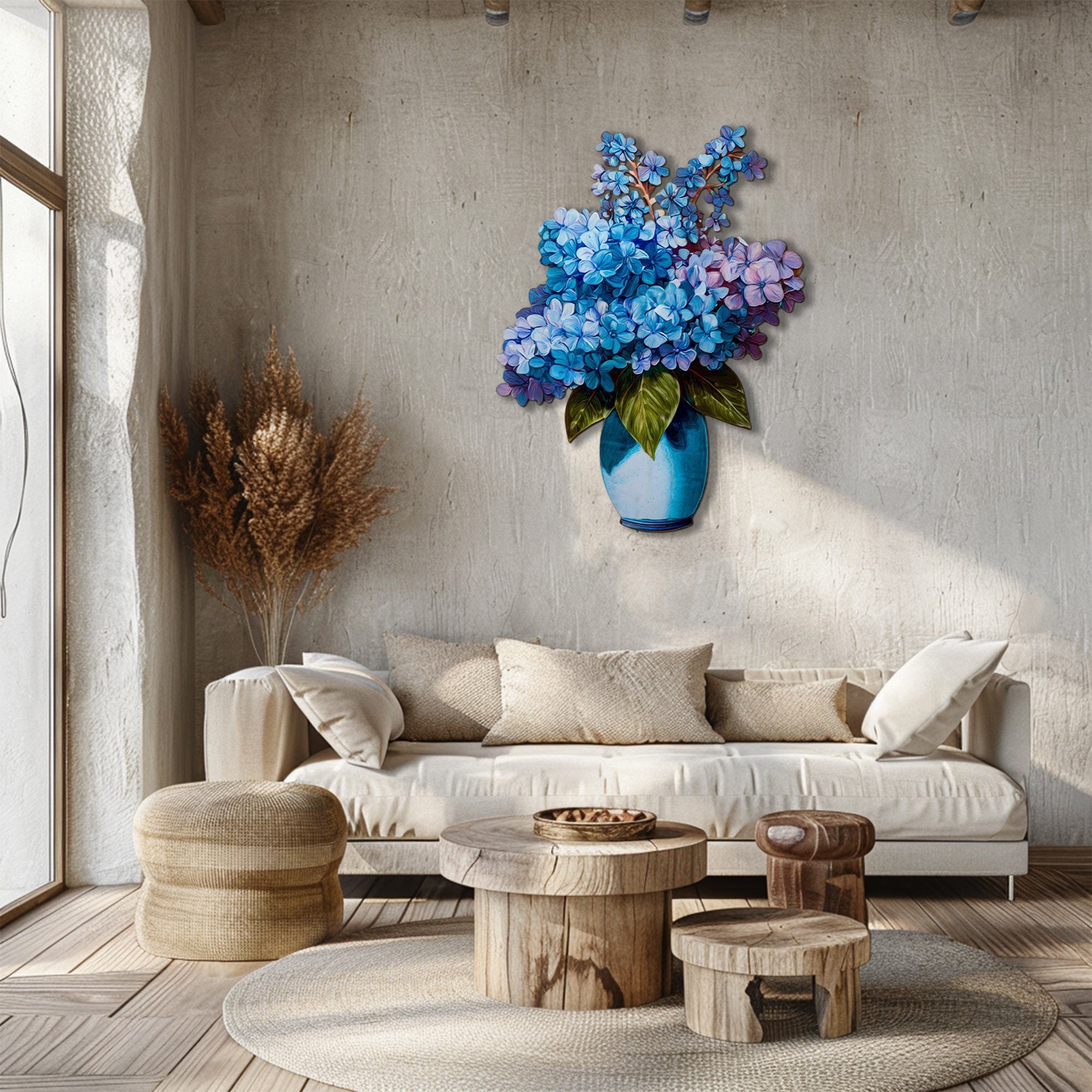 Blue hydrangea bouquet metal wall art with floral vase arrangement 2