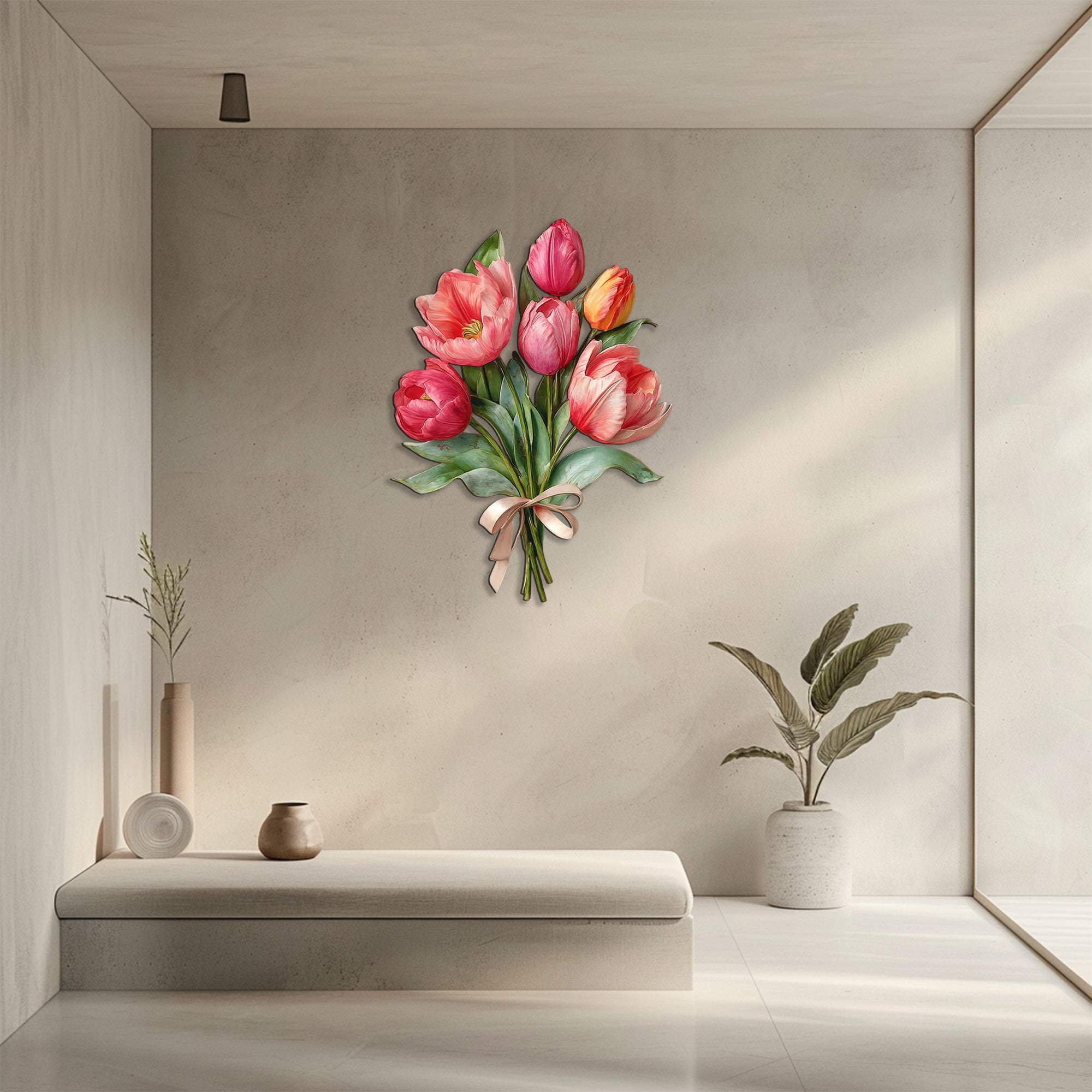 Pink tulip bouquet metal wall art with elegant floral design and ribbon bow mounted on textured wall 2