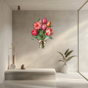 Pink tulip bouquet metal wall art with elegant floral design and ribbon bow mounted on textured wall 2
