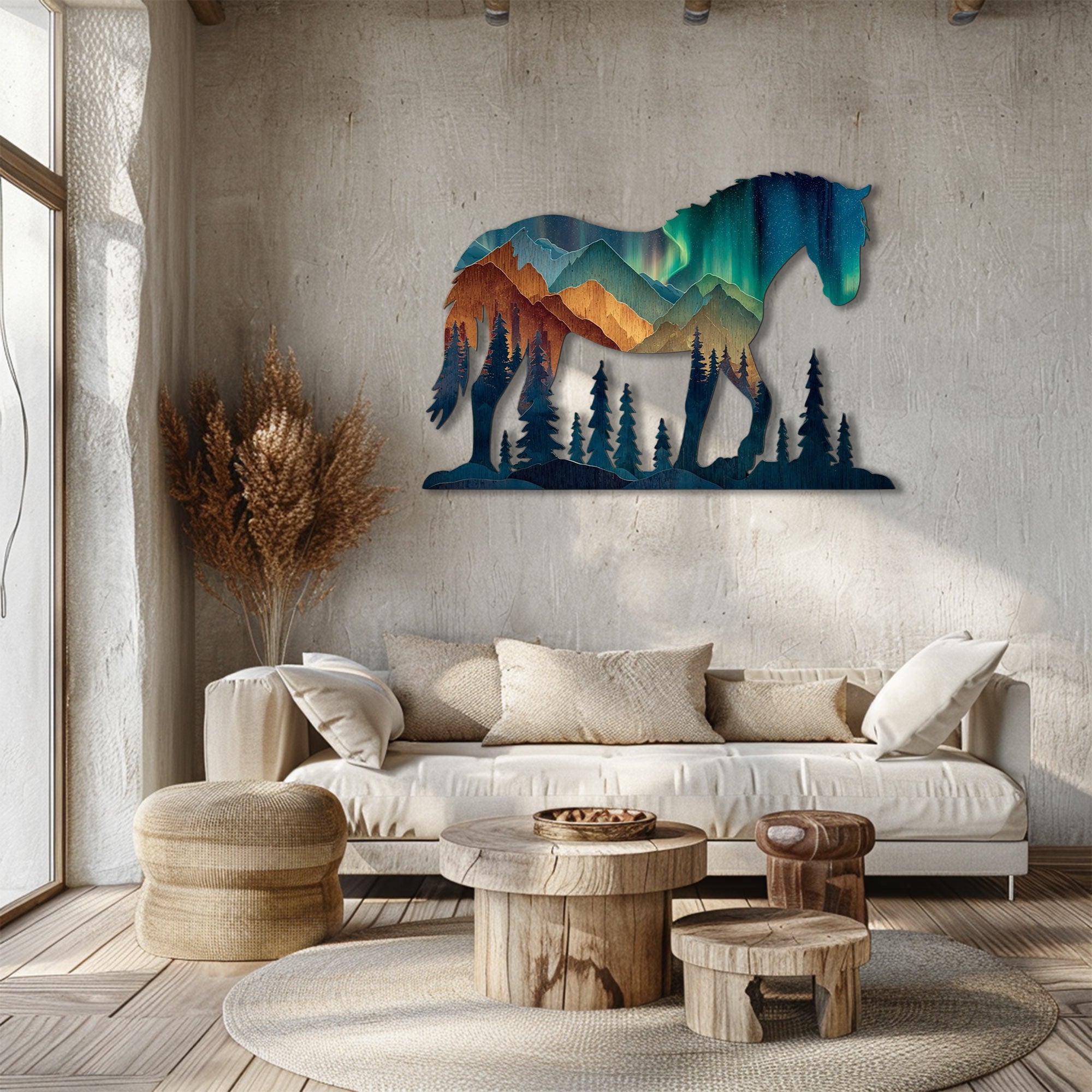 Aurora horse metal wall art with mountain landscape and northern lights wilderness scenery 2