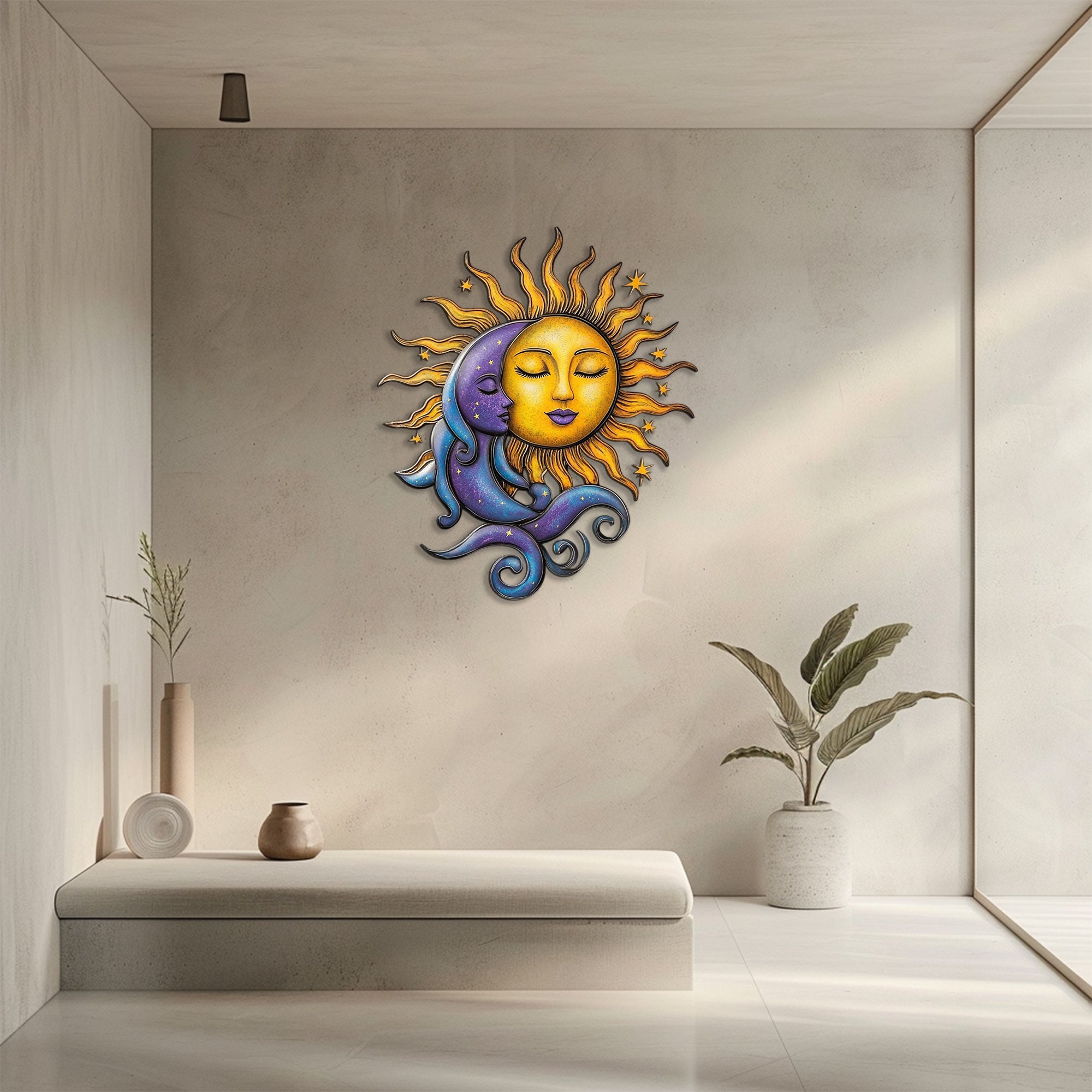 Celestial sun and moon metal wall art with mystical cosmic detailing 2