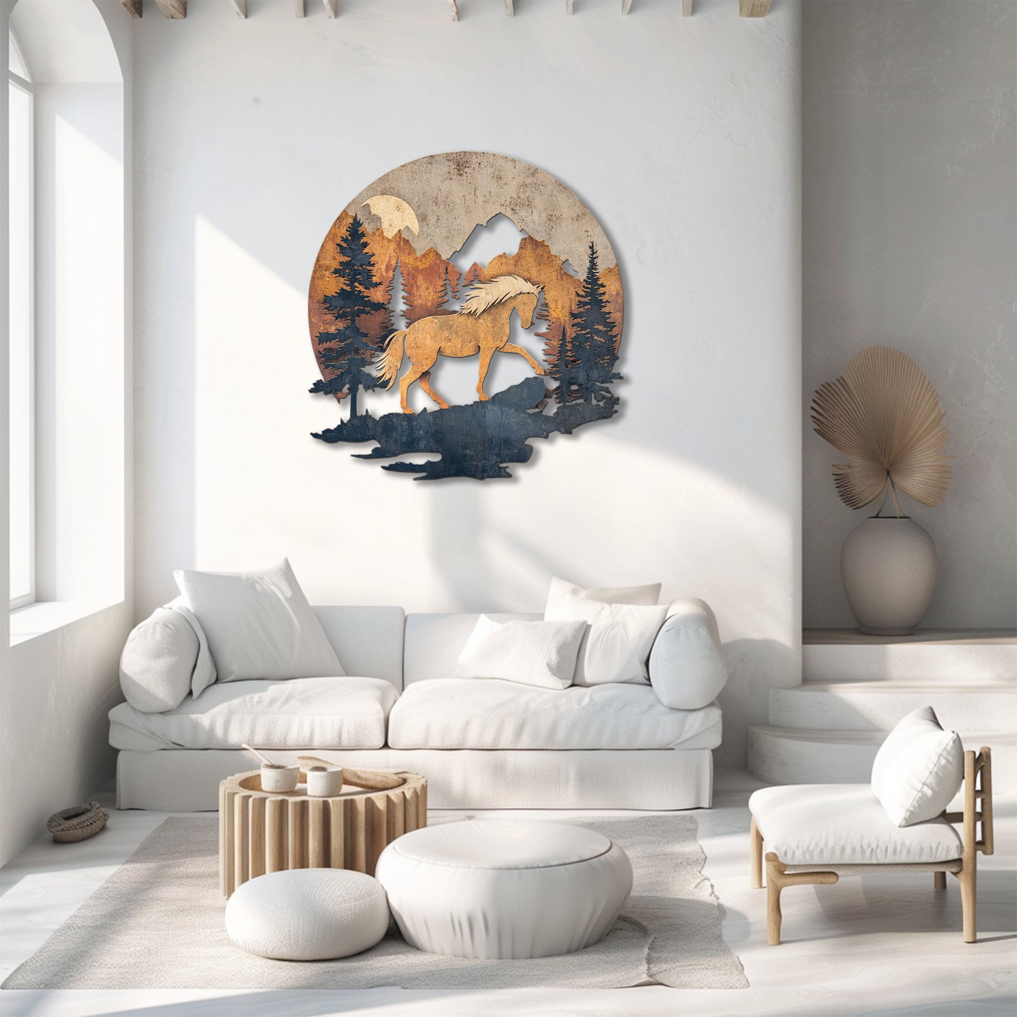 Mountain horse metal wall art with pine forest and rustic wilderness scenery 2