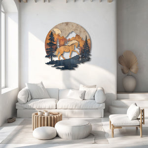 Mountain horse metal wall art with pine forest and rustic wilderness scenery 2