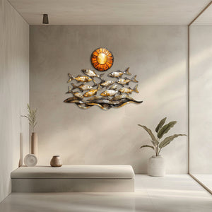 Golden coastal fish metal wall art with ocean waves and sunset nautical aluminum wall decor 2