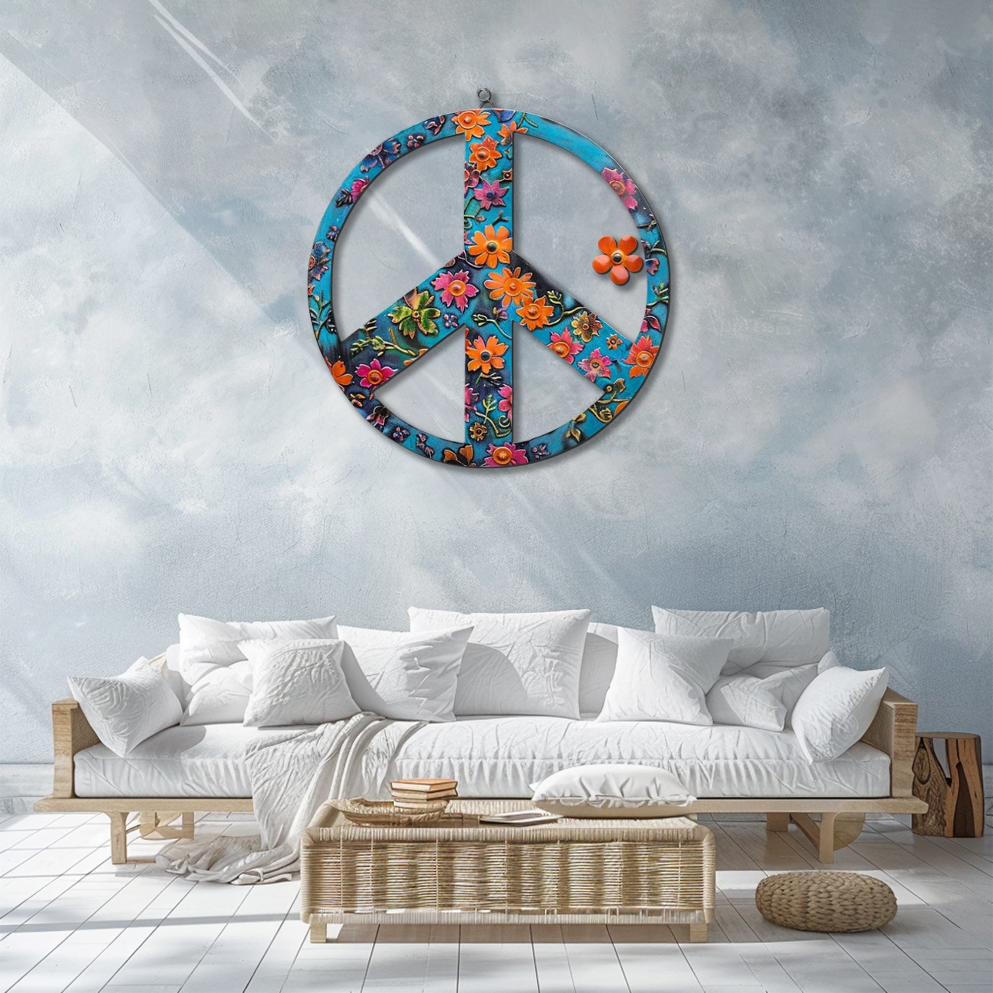 Turquoise Floral Peace Sign UV printed aluminum metal wall art for boho patio garden and living room decor 3