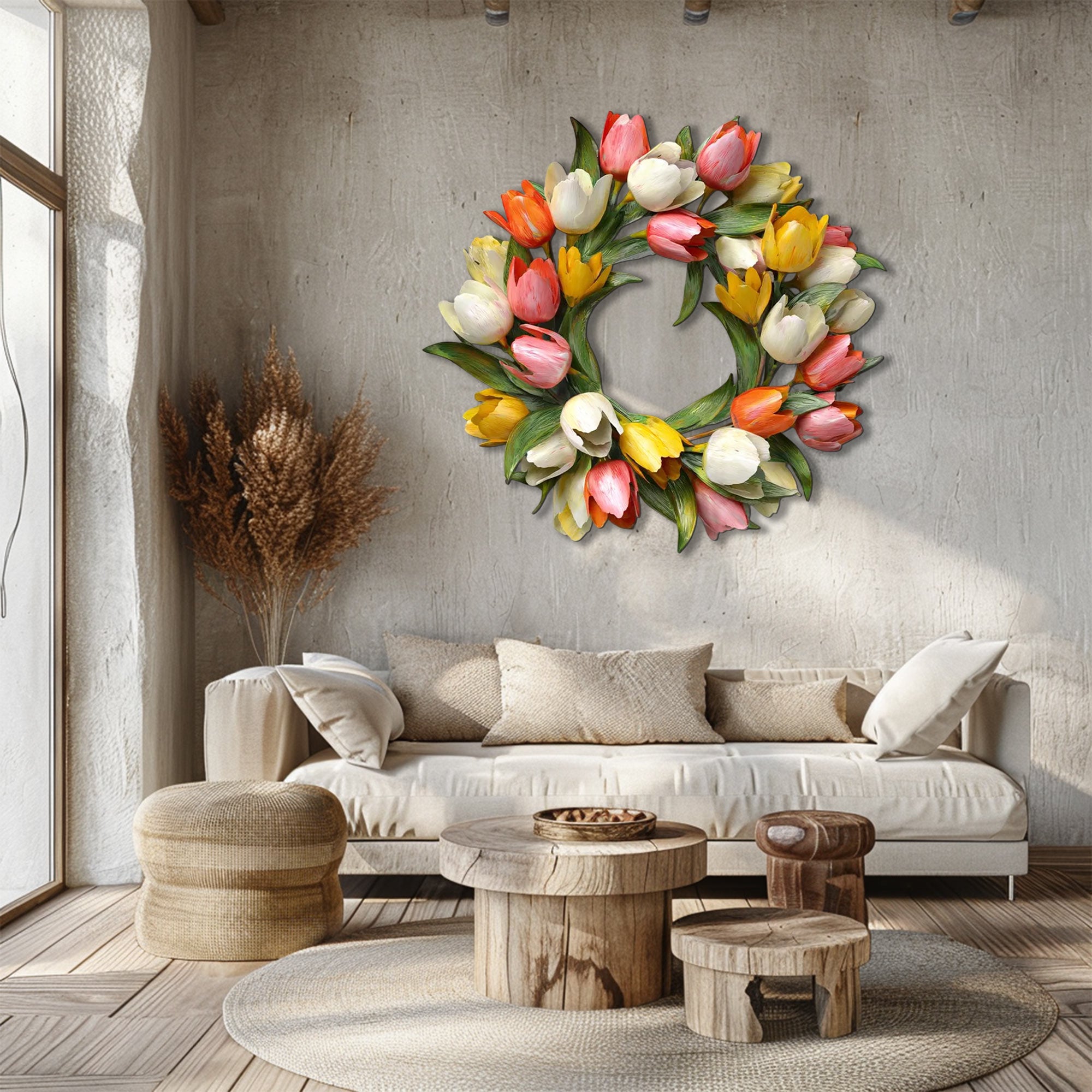 Tulip flower wreath metal wall art with colorful spring floral design mounted on textured wall 2