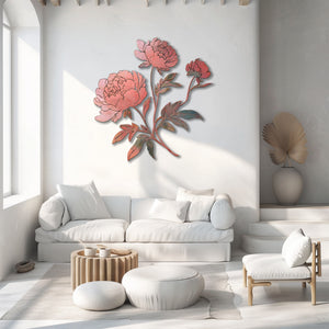 Blush pink peony metal wall art with elegant botanical floral design mounted on textured wall 2