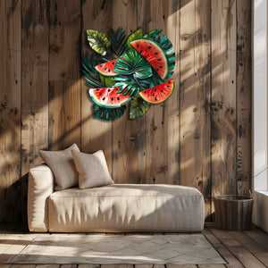 Tropical watermelon metal wall art with lush botanical leaves for summer kitchen decor 2