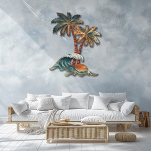 Tropical palm wave metal wall art with ocean waves and sunset coastal design mounted on wall 2