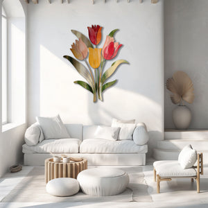 Pastel tulip stem metal wall art with colorful floral botanical design mounted on textured wall 2