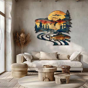 Twin trout fish metal wall art with dual leaping trout winding river mountain golden sunset rustic cabin pine trees wilderness aluminum wall decor 2