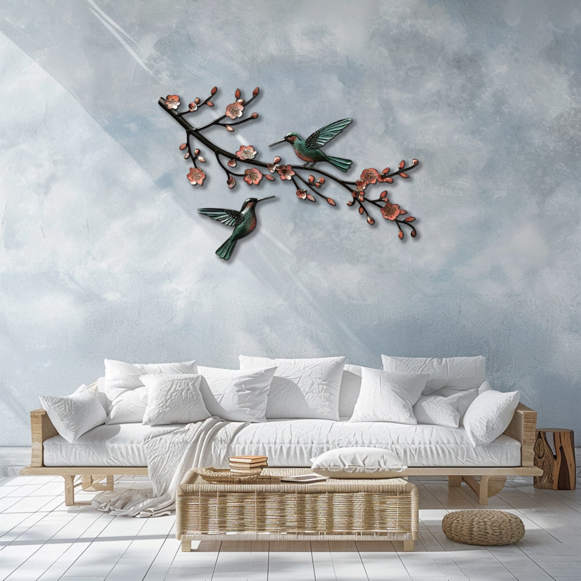 Hummingbird Cherry Blossom UV printed aluminum metal wall art for floral living room and patio decor 3