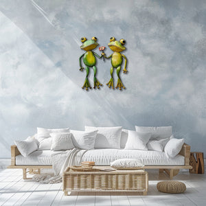 Cute frog couple metal wall art holding flower whimsical garden aluminum wall decor 2