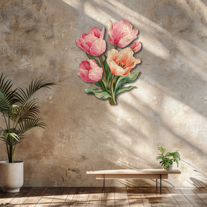 Pink tulip blossom metal wall art with elegant pastel floral design mounted on wall 2