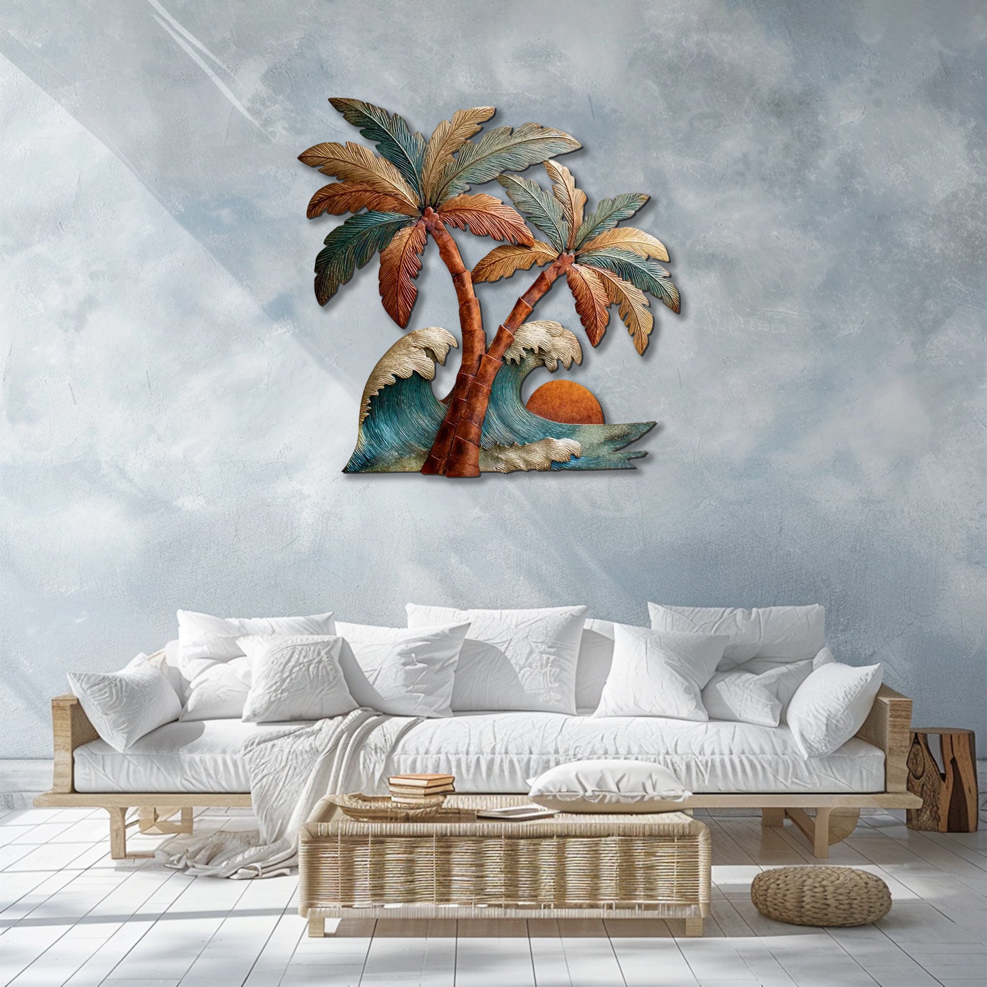 Tropical palm wave metal wall art with ocean waves and sunset coastal design mounted on wall 2