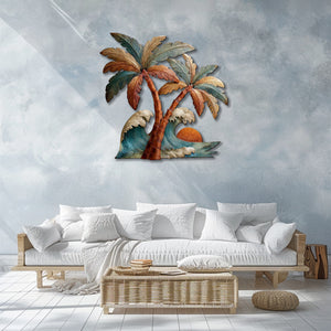 Tropical palm wave metal wall art with ocean waves and sunset coastal design mounted on wall 2