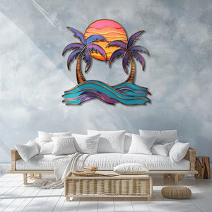Vibrant sunset palm trees metal wall art with purple palm leaves pink sun gradient ocean waves coastal beach aluminum wall decor 2