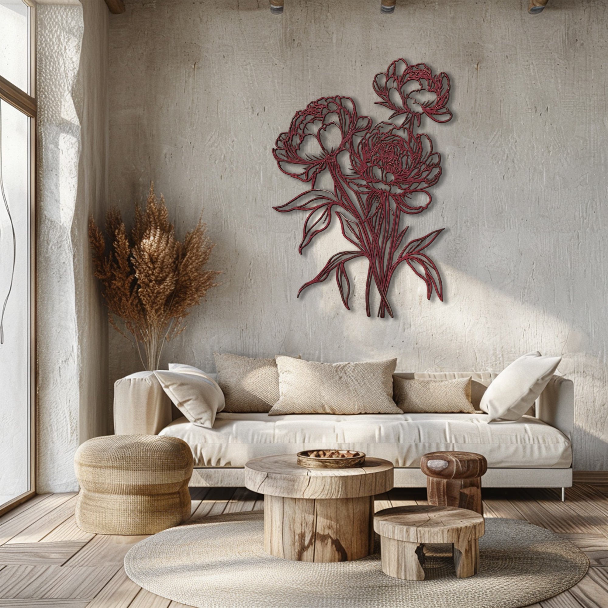 Peony outline metal wall art with elegant floral botanical line art design mounted on textured wall 2