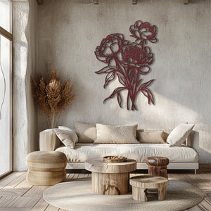 Peony outline metal wall art with elegant floral botanical line art design mounted on textured wall 2