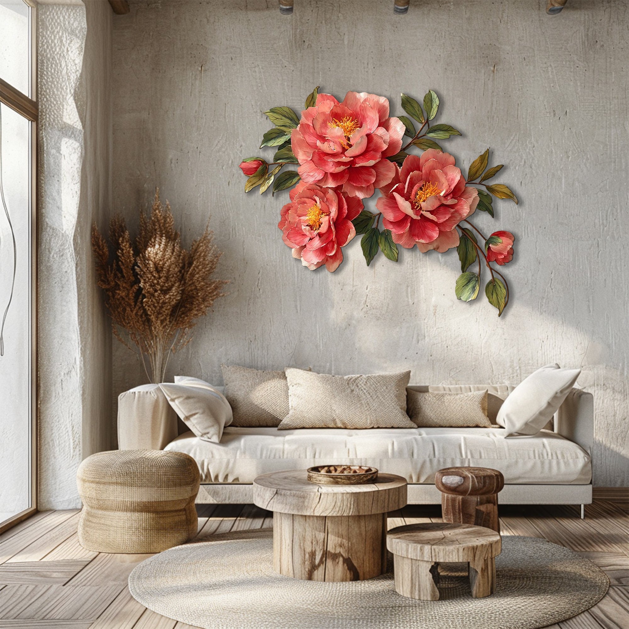 Pink peony blossom metal wall art with elegant floral branch design mounted on textured wall 2