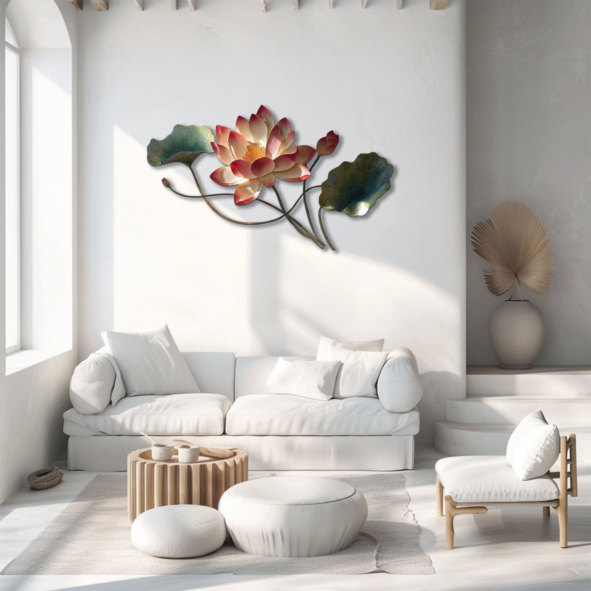 Botanical lotus metal wall art with faux 3D artwork for minimalist decor 2
