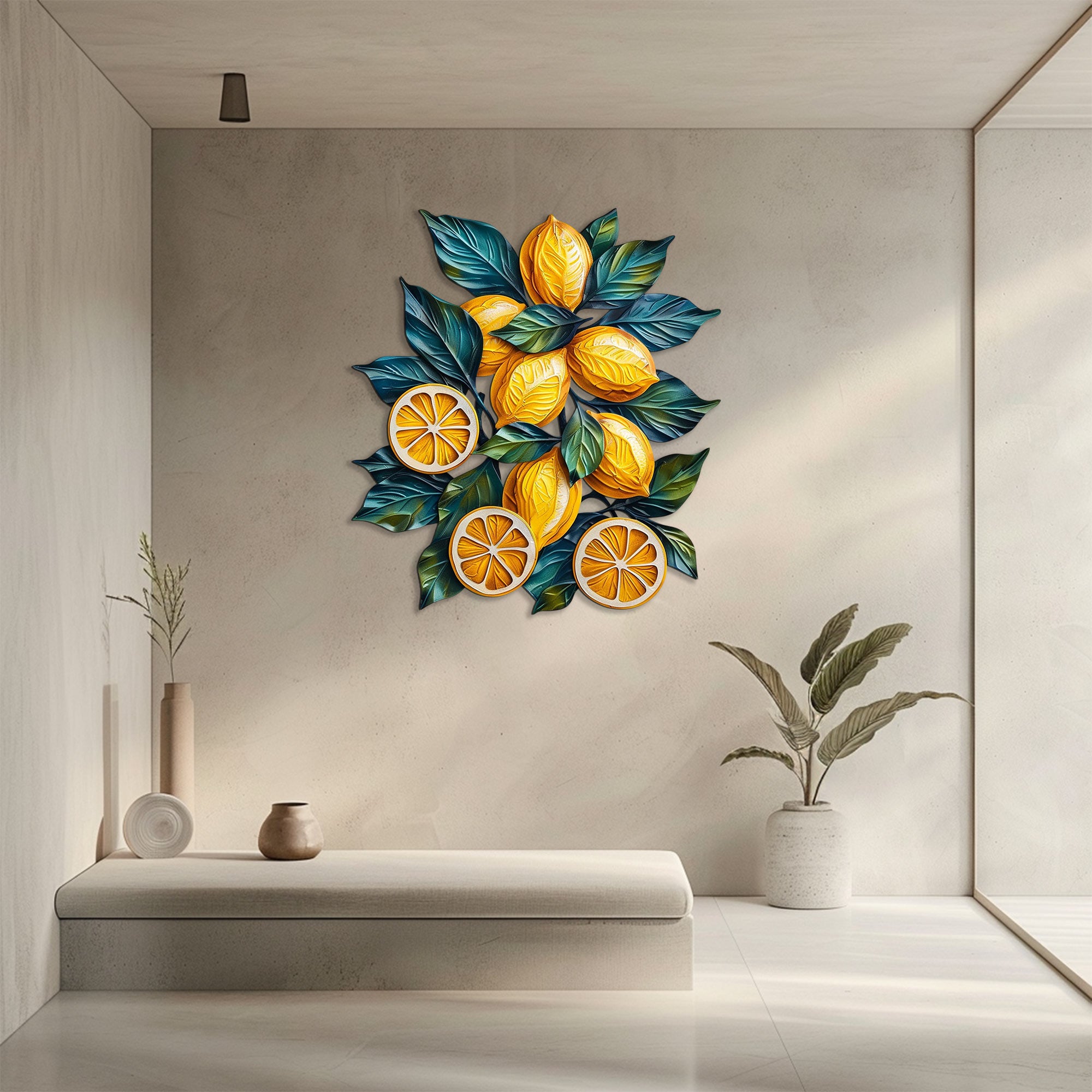Lemon branch metal wall art with vibrant citrus fruits and botanical leaves for Mediterranean kitchen decor 2