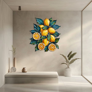 Lemon branch metal wall art with vibrant citrus fruits and botanical leaves for Mediterranean kitchen decor 2