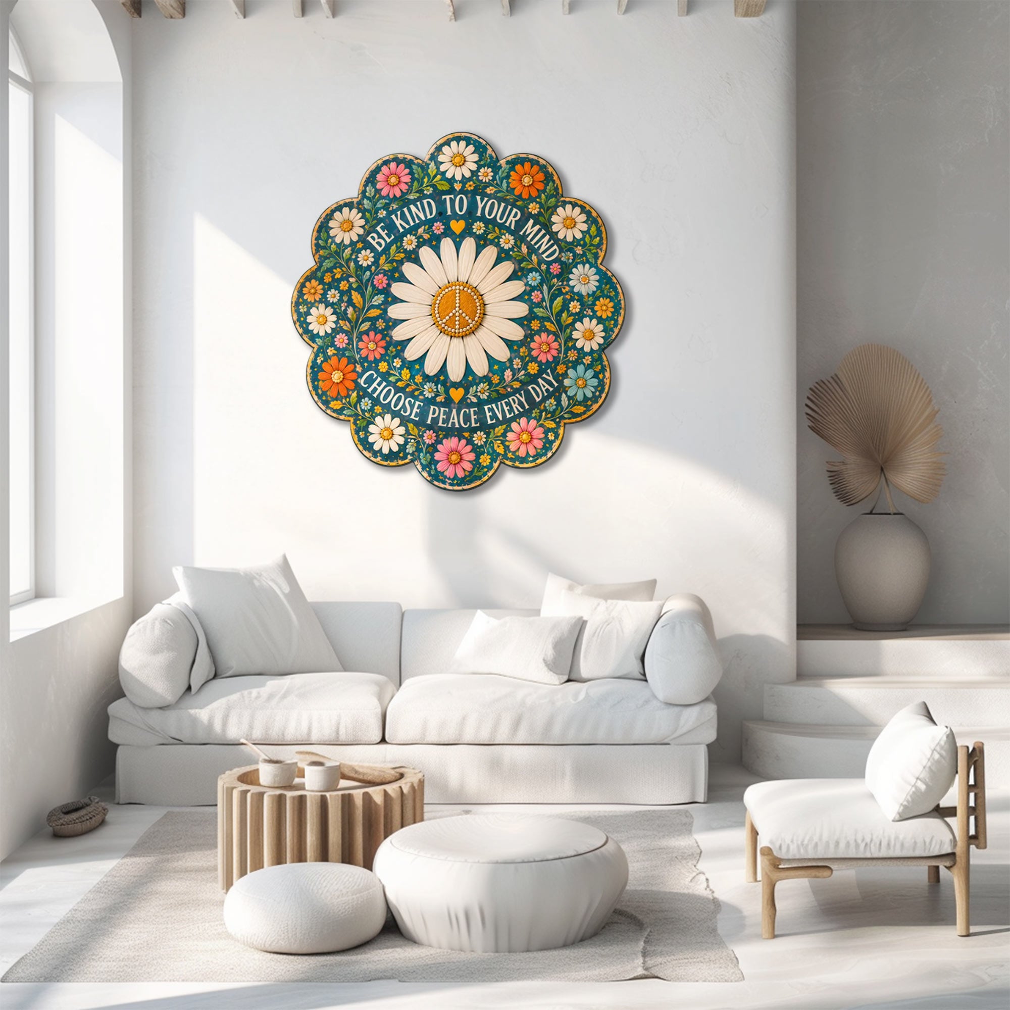 Be Kind Daisy Peace UV printed aluminum metal wall art for inspirational floral living room bedroom and patio decor 3
