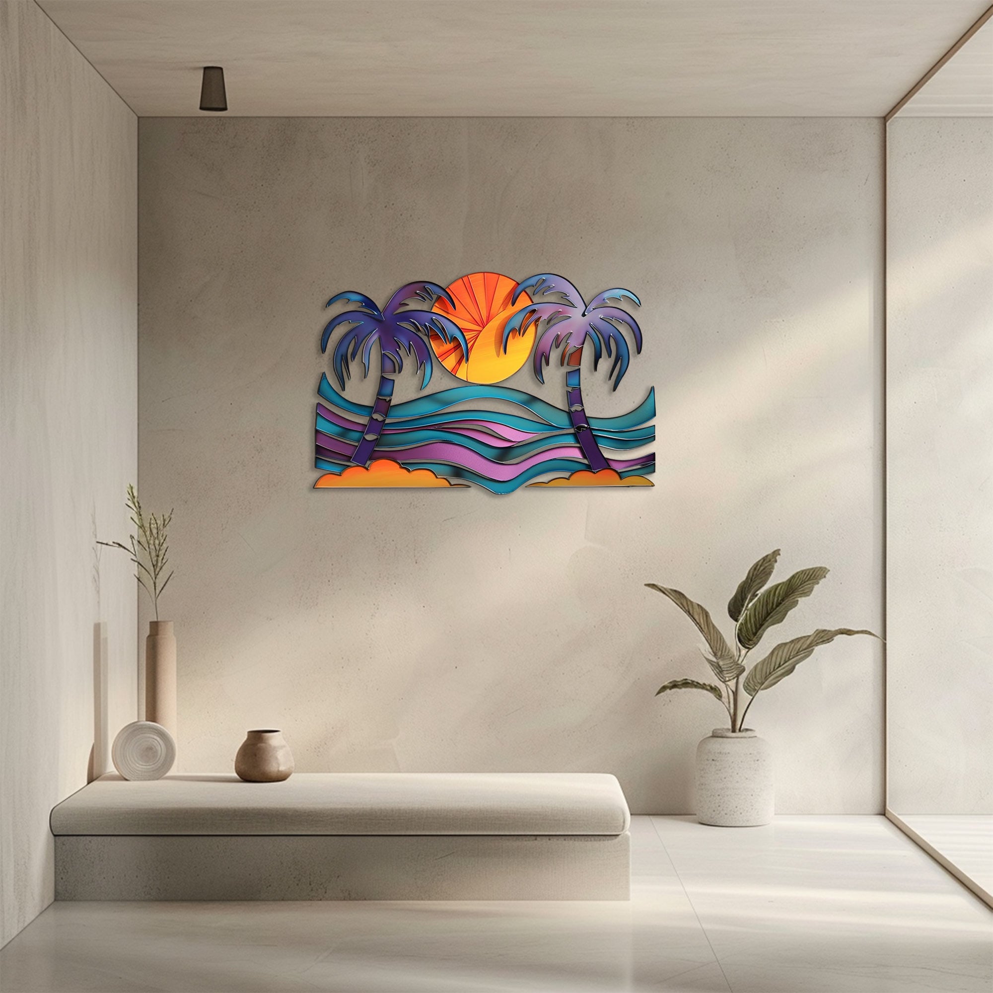Tropical palm sunset metal wall art coastal beach decor 2