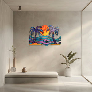 Tropical palm sunset metal wall art coastal beach decor 2