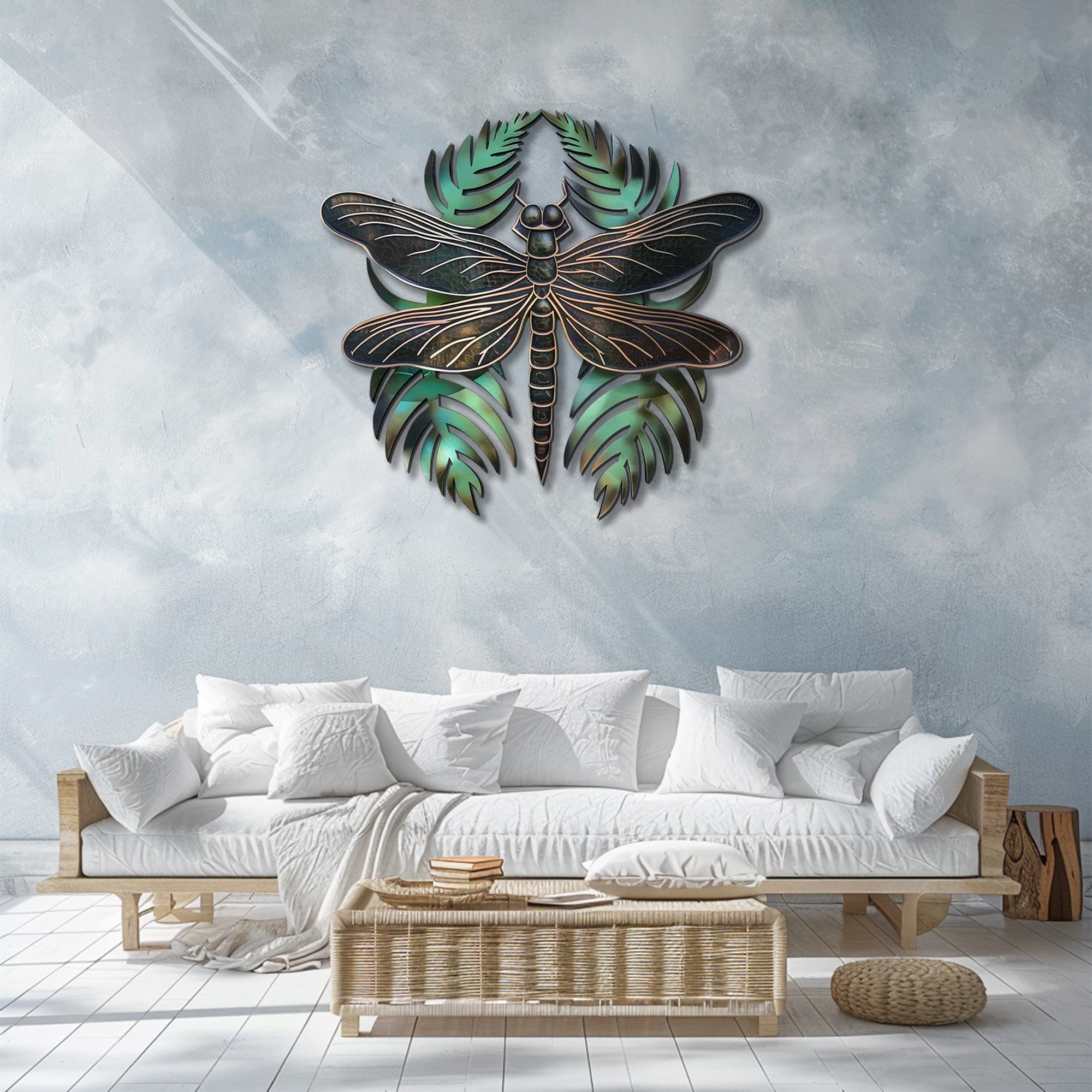 Dragonfly metal wall art with tropical leaves botanical aluminum wall decor 2