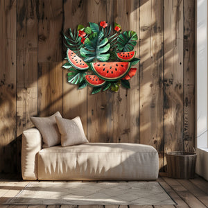 Tropical watermelon wall decor with exotic leaves for boho patio and kitchen spaces 2