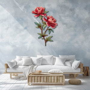 Pink peony stem metal wall art with elegant floral botanical design mounted on textured wall 2