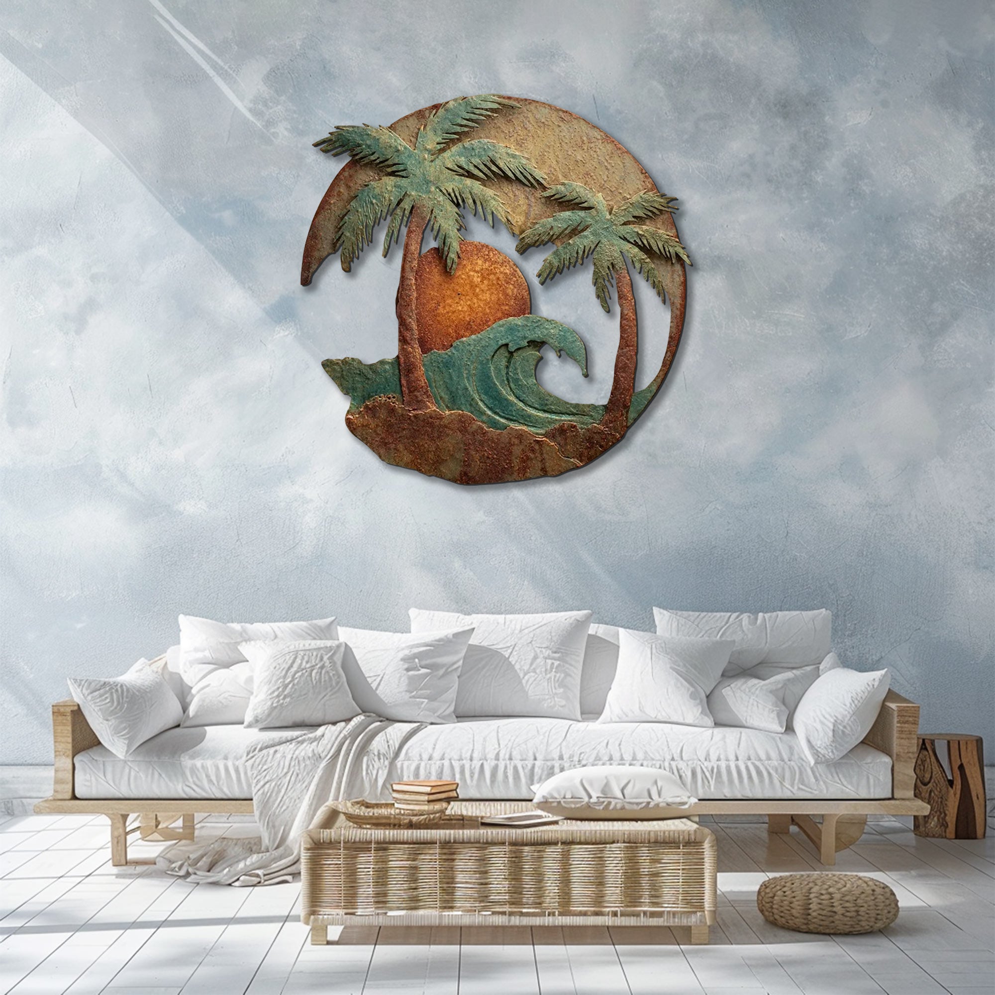 Tropical palm tree metal wall art with ocean wave and sunset design mounted on textured wall 2