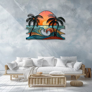Ocean wave heart metal wall art with hidden wave heart center double sunset sun dark palm silhouettes coastal beach bedroom aluminum wall decor 2