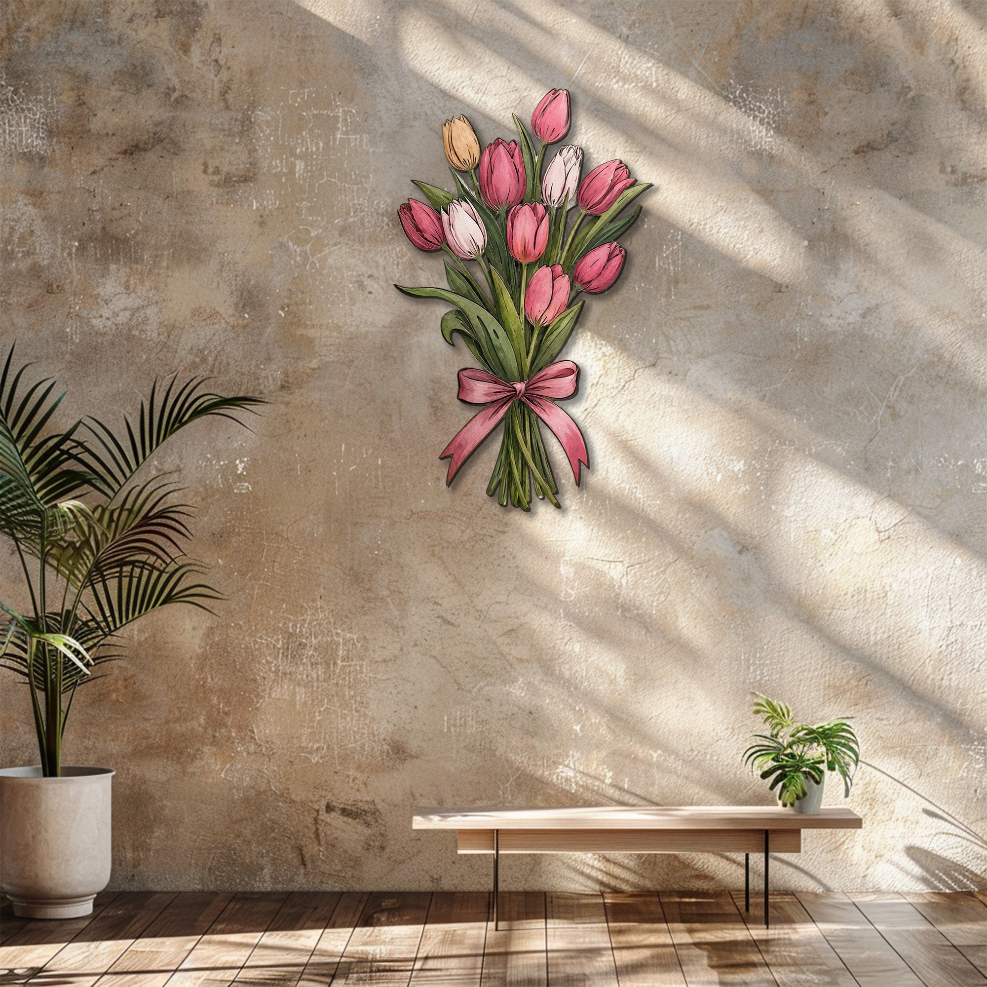 Pink tulip bouquet metal wall art displayed on beige wall with soft floral pastel colors 2