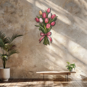 Pink tulip bouquet metal wall art displayed on beige wall with soft floral pastel colors 2