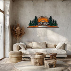 Mountain Pine Forest Sunrise UV printed aluminum metal wall art for rustic cabin patio and living room decor 2