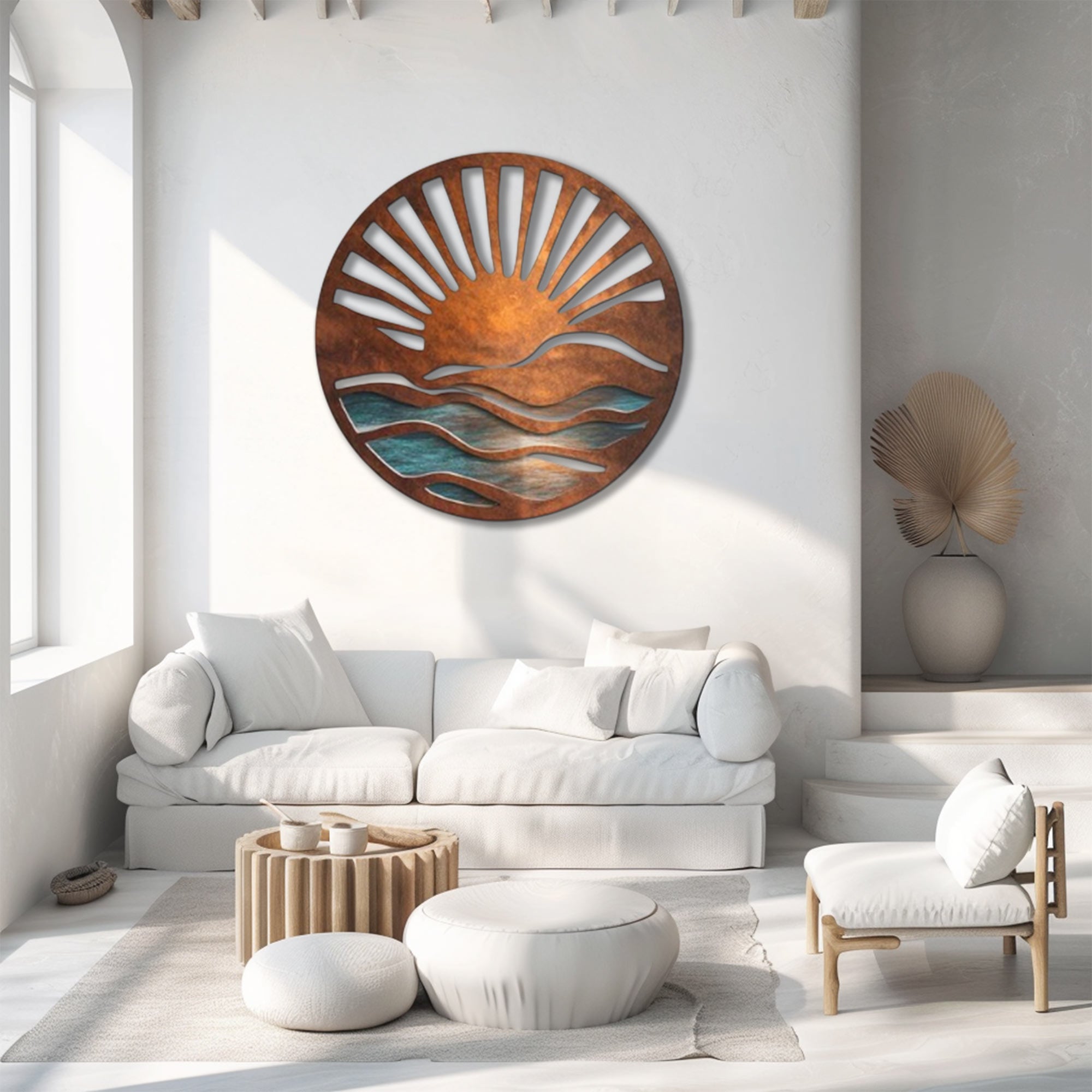 Rustic Ocean Sunrise UV printed aluminum metal wall art for coastal beach house living room and patio decor 3