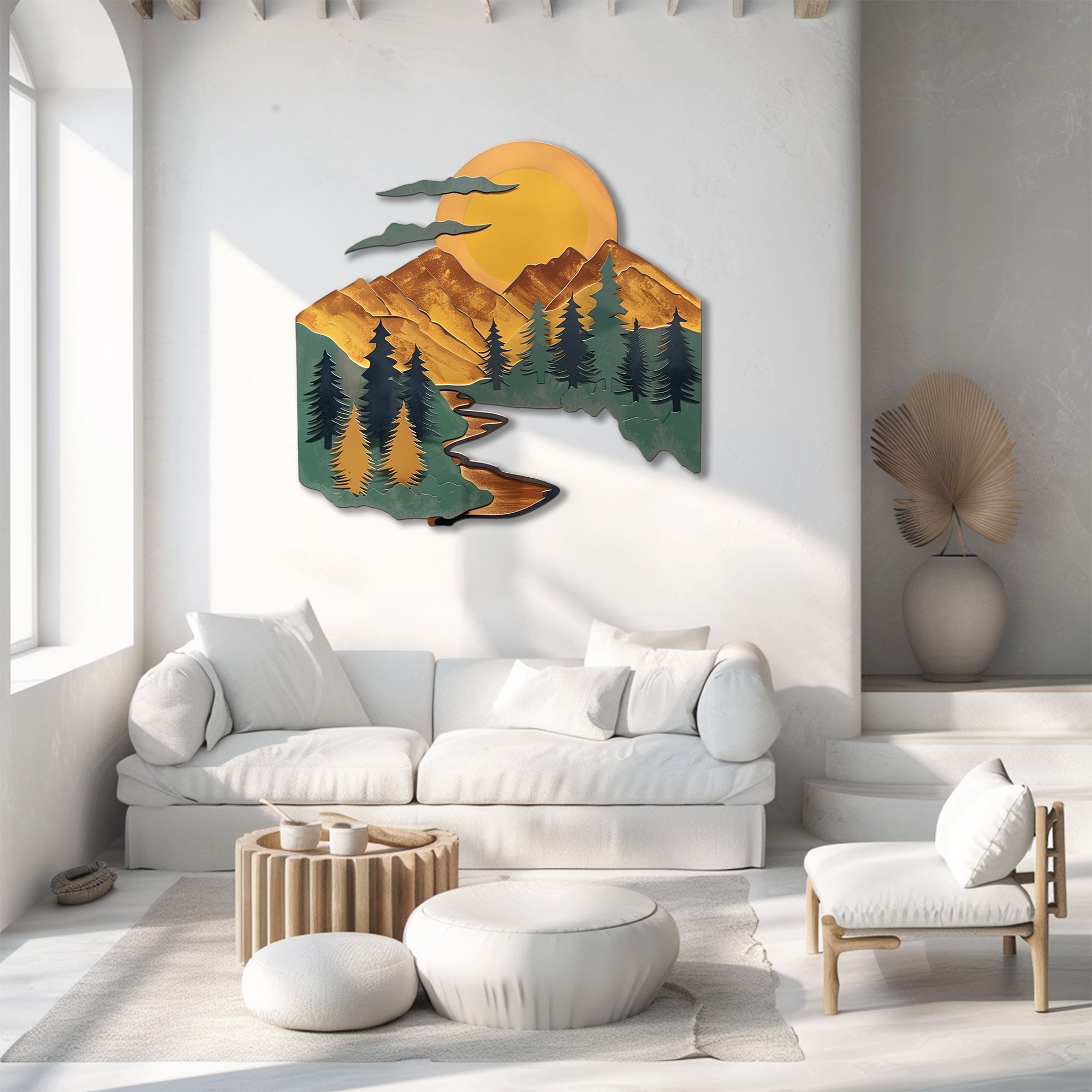 Mountain river sunset metal wall art with pine trees winding river stream and giant golden sun rustic cabin aluminum wall decor 2