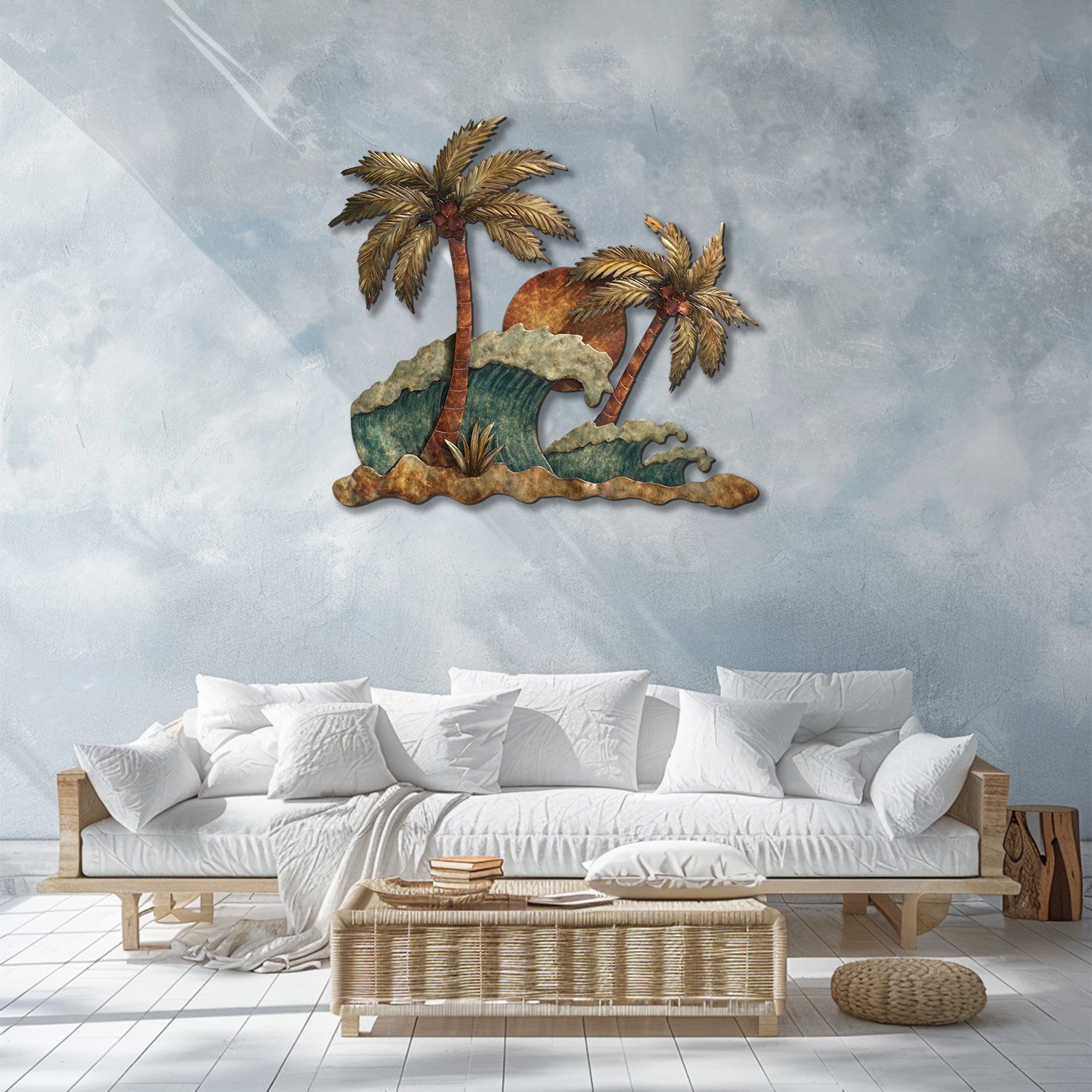 Tropical ocean wave metal wall art with palm trees and sunset coastal design mounted on textured wall 2