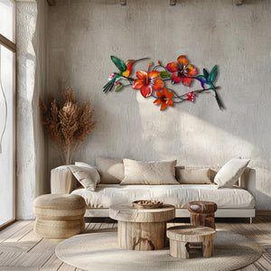 Hummingbird Flower UV printed aluminum metal wall art for tropical living room and patio decor 3