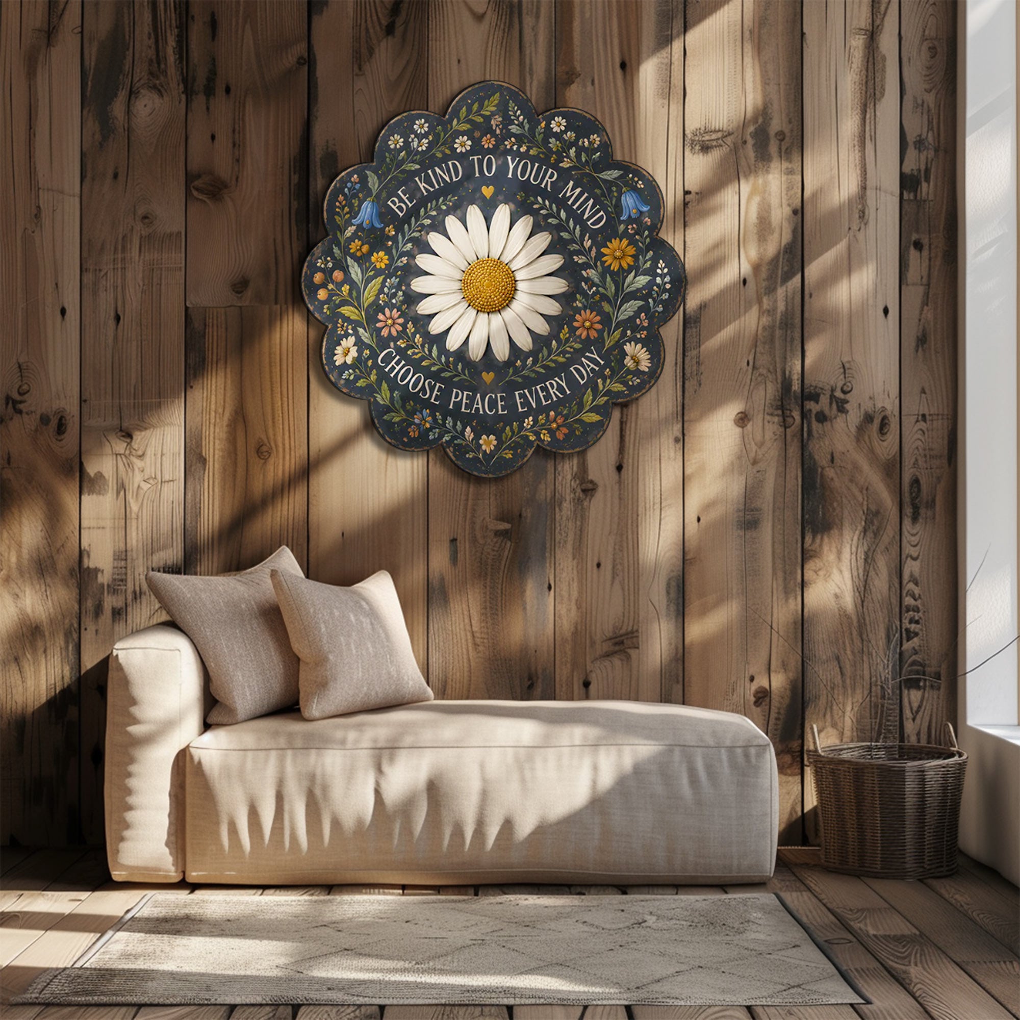 Be Kind Daisy Peace UV printed aluminum metal wall art for dark floral living room bedroom and patio decor 3
