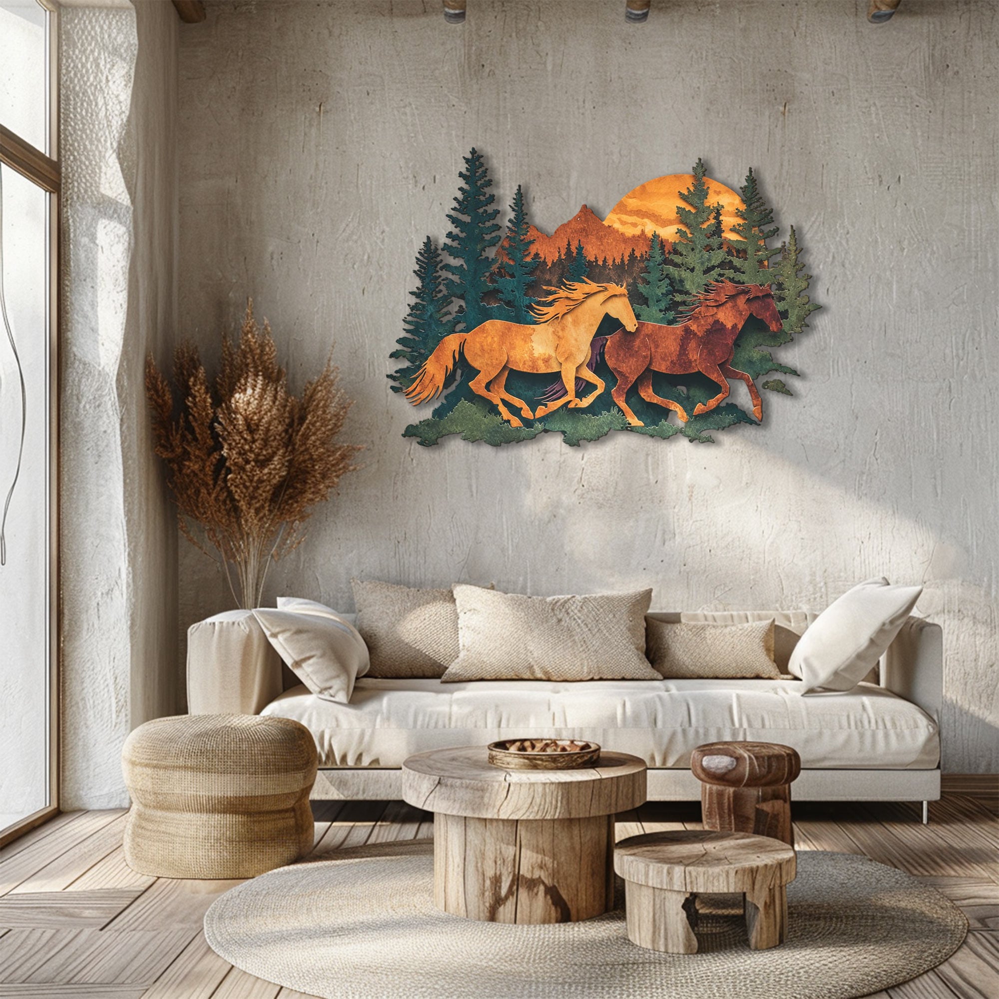 Running horses metal wall art with mountain wilderness and pine forest scenery 2