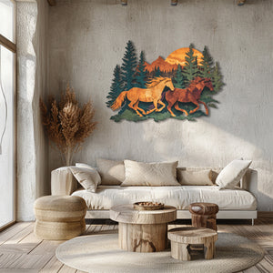 Running horses metal wall art with mountain wilderness and pine forest scenery 2