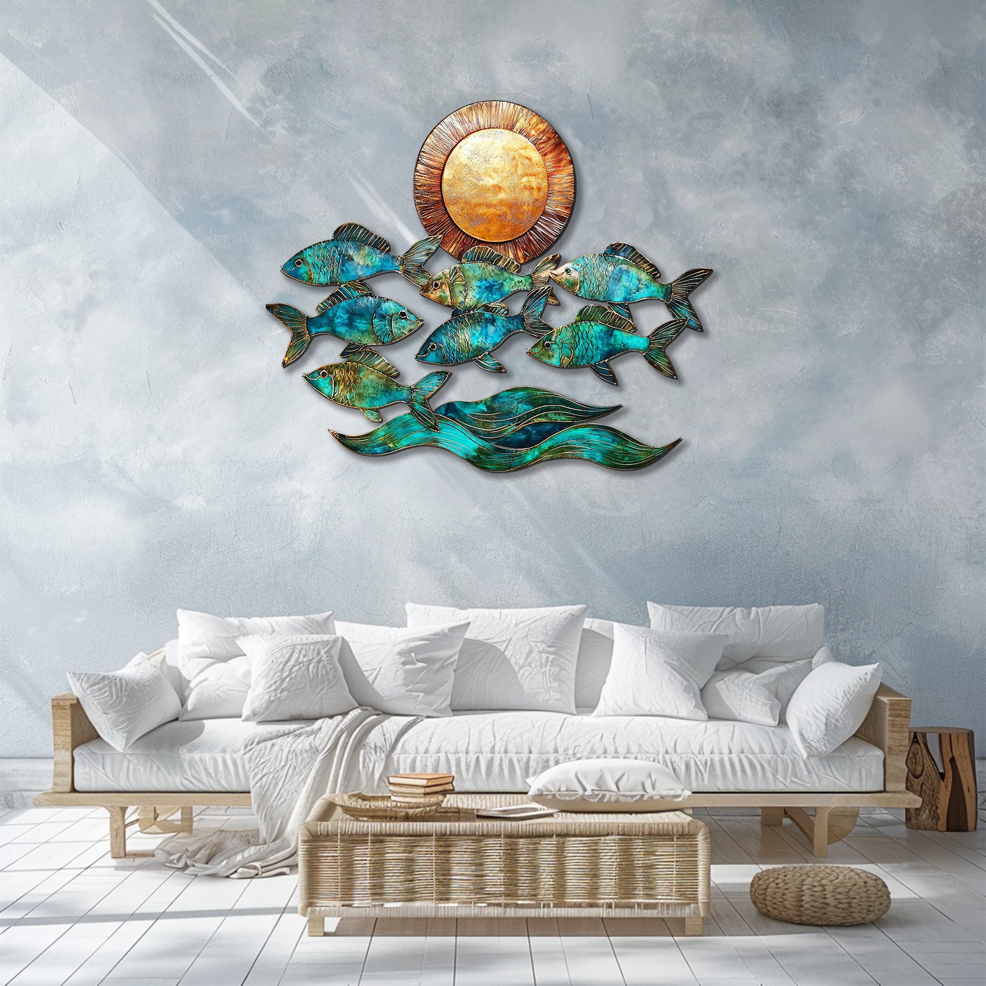 Turquoise fish metal wall art with ocean waves and sunset coastal aluminum wall decor 2