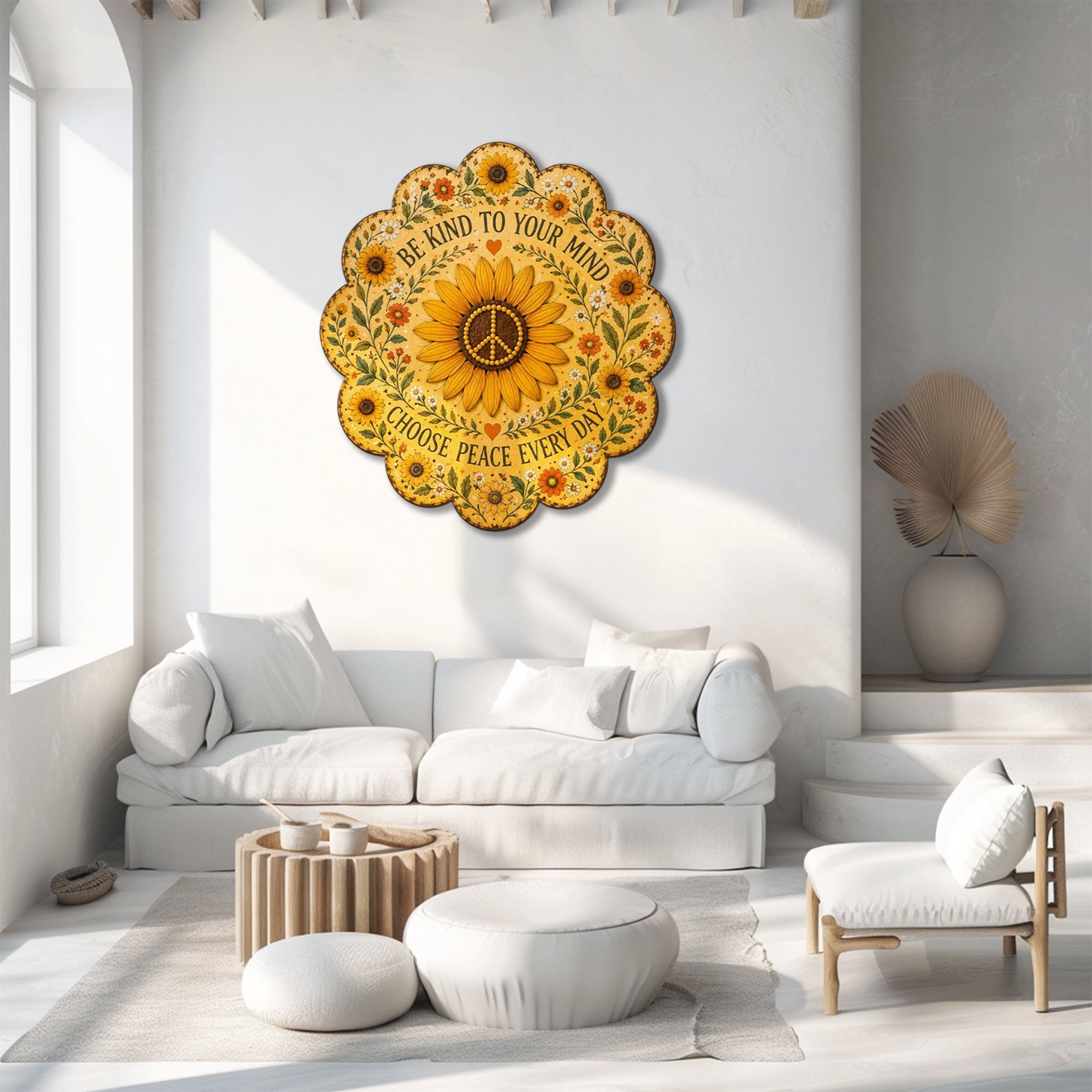 Be Kind Sunflower Peace UV printed aluminum metal wall art for inspirational floral living room bedroom and patio decor 3