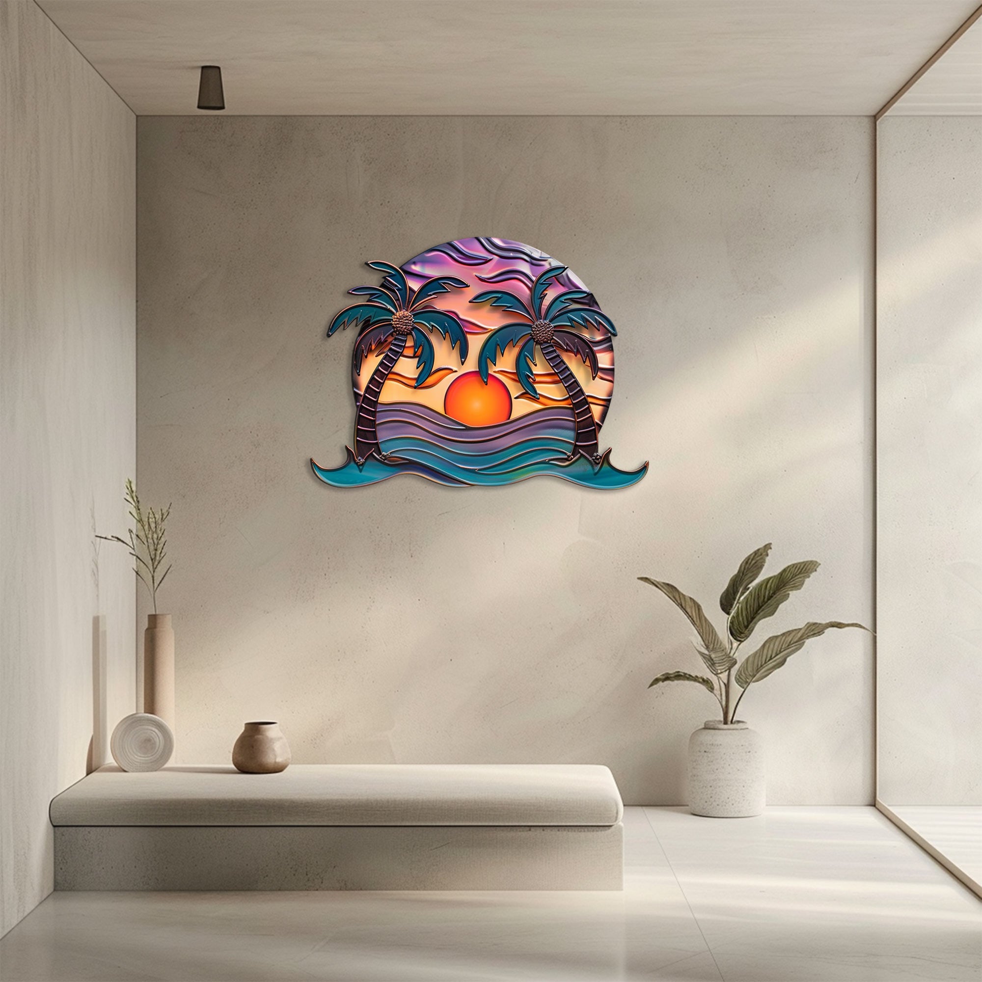 Tropical palm sunset metal wall art coastal beach decor 2