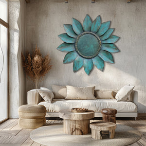 Turquoise Sunflower UV printed aluminum metal wall art for rustic garden patio and farmhouse decor 4